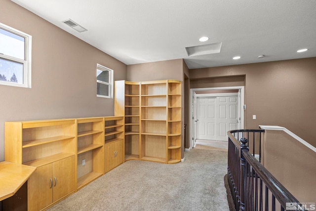 bedroom with light colored carpet