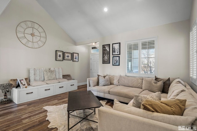 living room with dark hardwood / wood-style floors and high vaulted ceiling