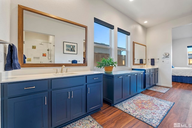 bathroom with vanity, hardwood / wood-style flooring, and plenty of natural light