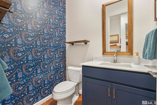 bathroom with vanity, wood-type flooring, and toilet