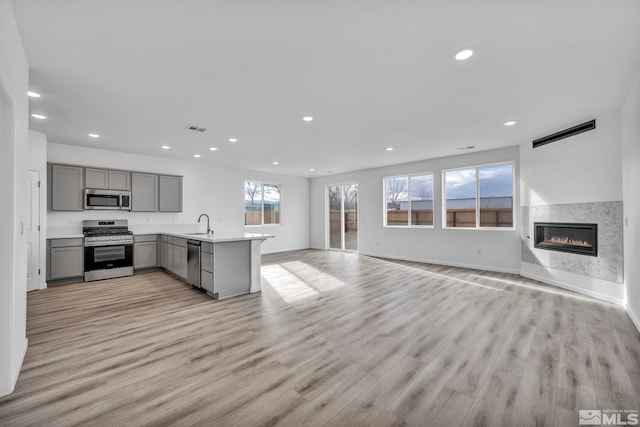 kitchen with sink, kitchen peninsula, gray cabinets, appliances with stainless steel finishes, and light wood-type flooring