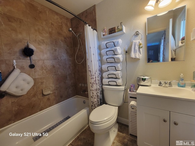 full bathroom featuring shower / bath combination with curtain, vanity, and toilet