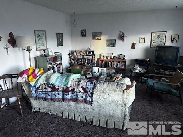 living room with dark carpet and a textured ceiling