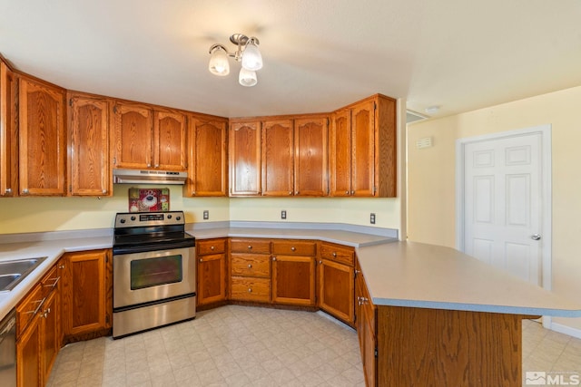 kitchen with kitchen peninsula, stainless steel appliances, and sink