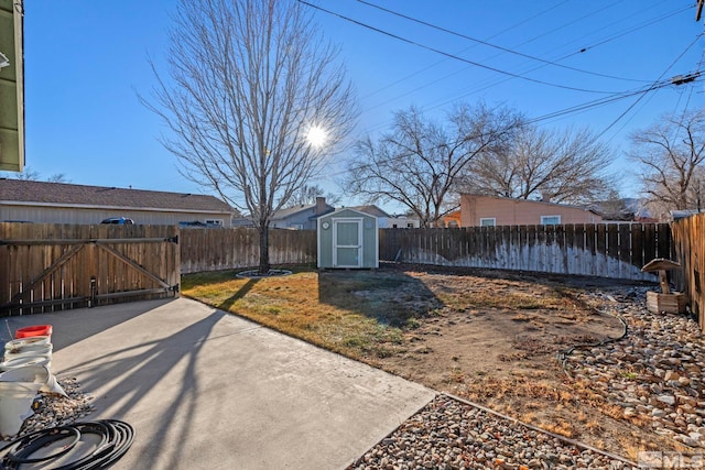 view of yard with a patio area and a shed