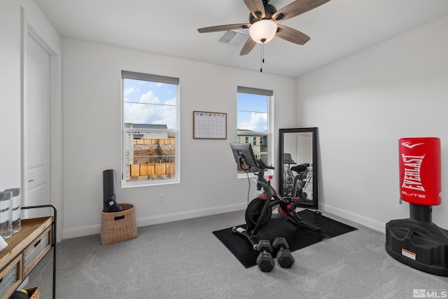 exercise area featuring carpet and ceiling fan