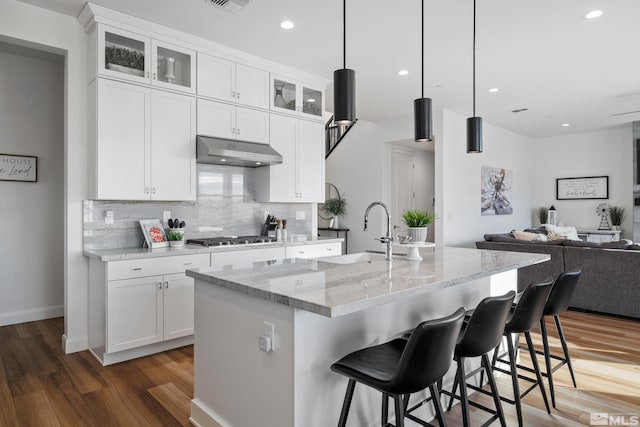 kitchen with white cabinetry, a kitchen island with sink, and sink