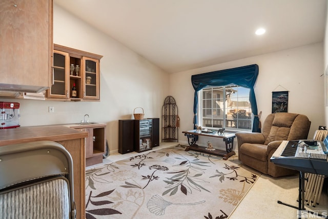 interior space featuring light colored carpet, lofted ceiling, and sink