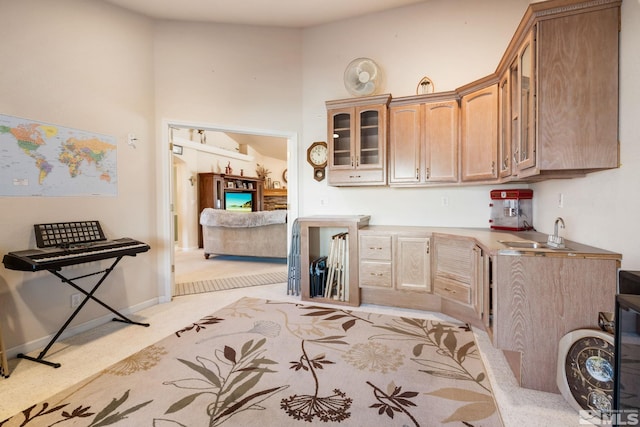 kitchen featuring light brown cabinets, sink, and light carpet