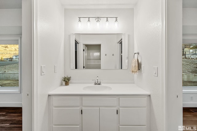 bathroom with hardwood / wood-style floors and vanity