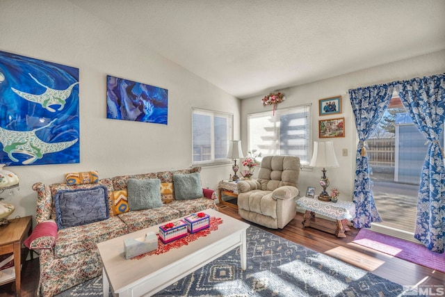 living room featuring hardwood / wood-style floors, a textured ceiling, and lofted ceiling