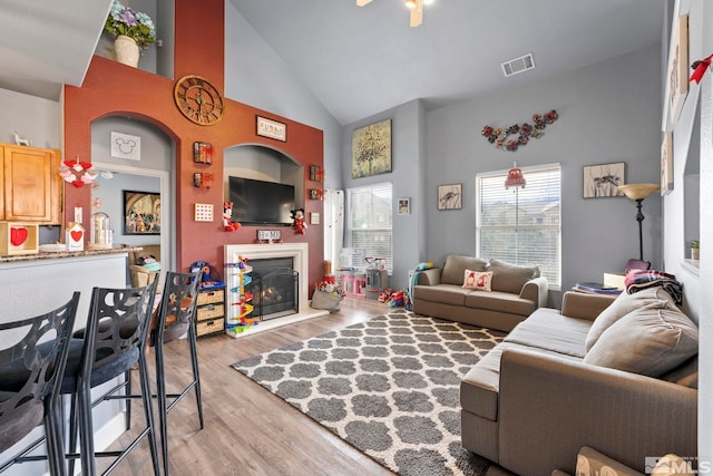 living room featuring high vaulted ceiling and light wood-type flooring