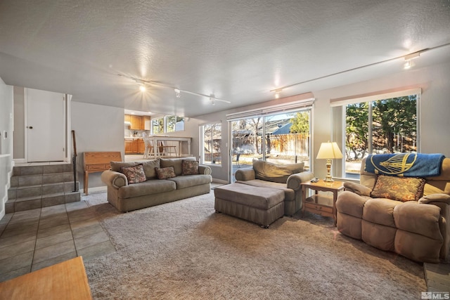 living room featuring a textured ceiling, track lighting, and tile patterned floors