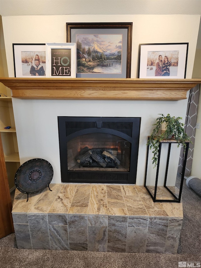 room details featuring a tile fireplace