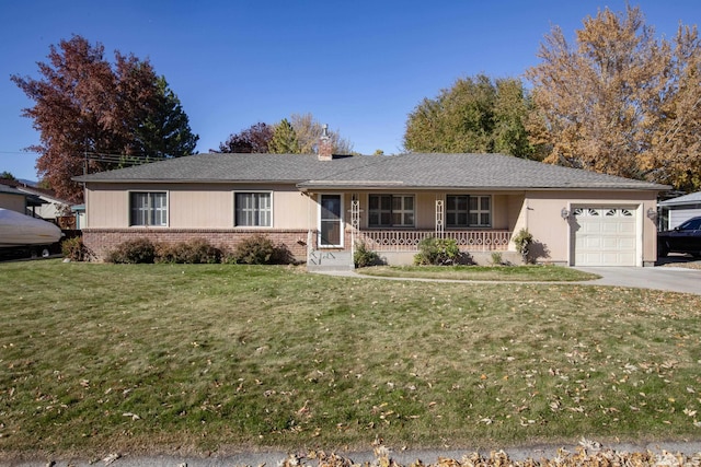 single story home featuring covered porch, a front yard, and a garage