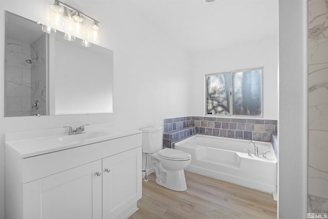 bathroom with wood-type flooring, vanity, toilet, and a tub