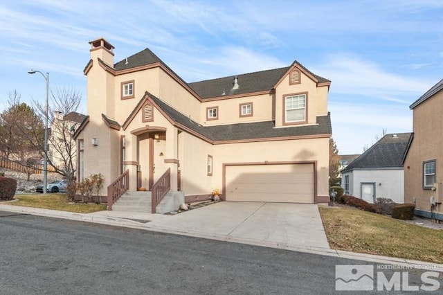 front facade with a garage