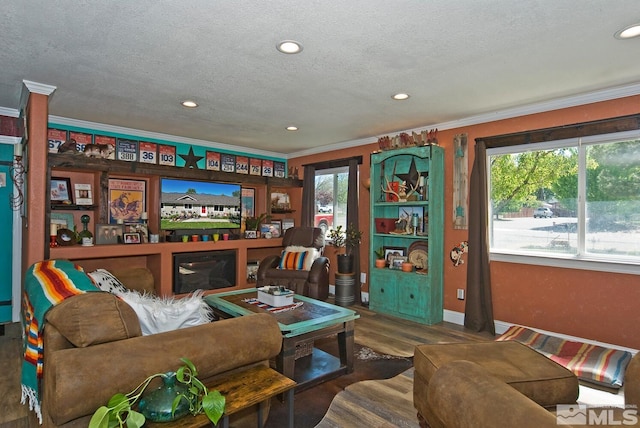 living room with hardwood / wood-style floors, ornamental molding, and a textured ceiling