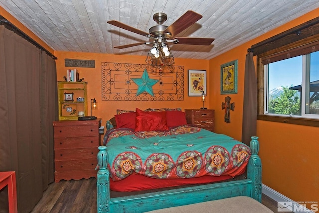 bedroom with hardwood / wood-style flooring, ceiling fan, and wood ceiling