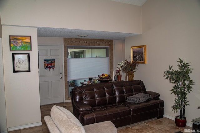 living room featuring a textured ceiling