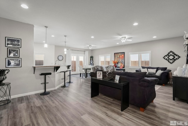 living room with hardwood / wood-style flooring, ceiling fan, and french doors