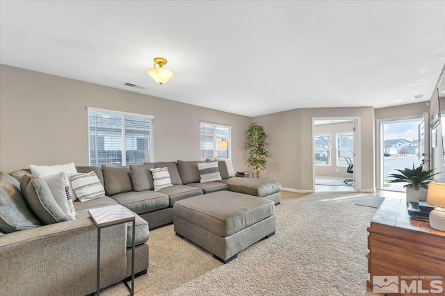 living room featuring a textured ceiling, light hardwood / wood-style flooring, and plenty of natural light