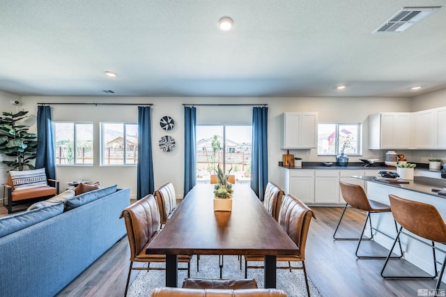 dining room with a textured ceiling, a wealth of natural light, and light hardwood / wood-style flooring