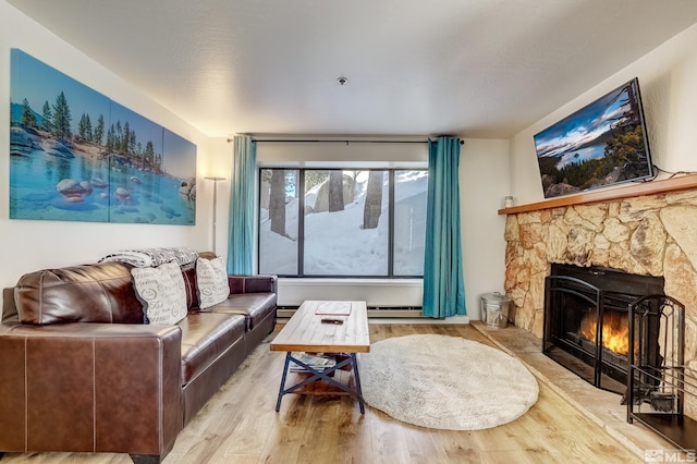 living room featuring a fireplace and light hardwood / wood-style flooring