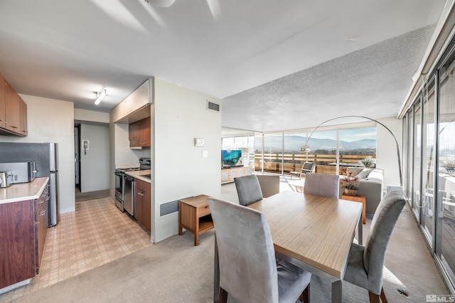 dining area with a textured ceiling, light carpet, and floor to ceiling windows