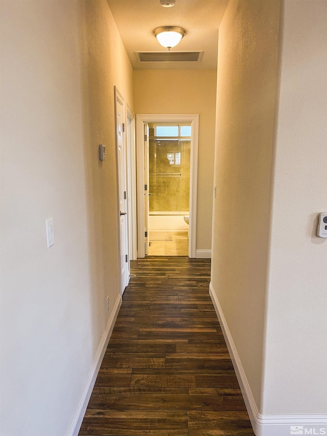 hallway featuring dark wood-type flooring