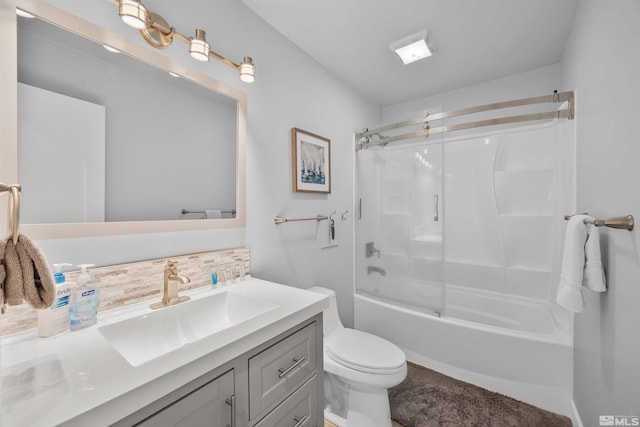 full bathroom with toilet, shower / bathing tub combination, decorative backsplash, and vanity