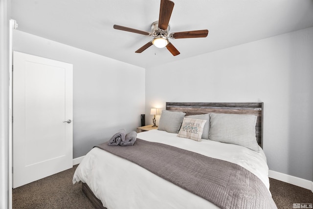 bedroom featuring ceiling fan and dark carpet