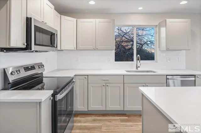 kitchen with stainless steel appliances, sink, backsplash, and light wood-type flooring