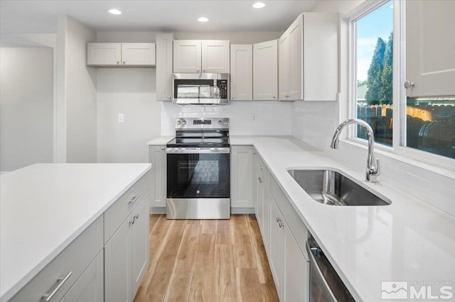 kitchen featuring stainless steel appliances, sink, white cabinetry, light hardwood / wood-style floors, and backsplash