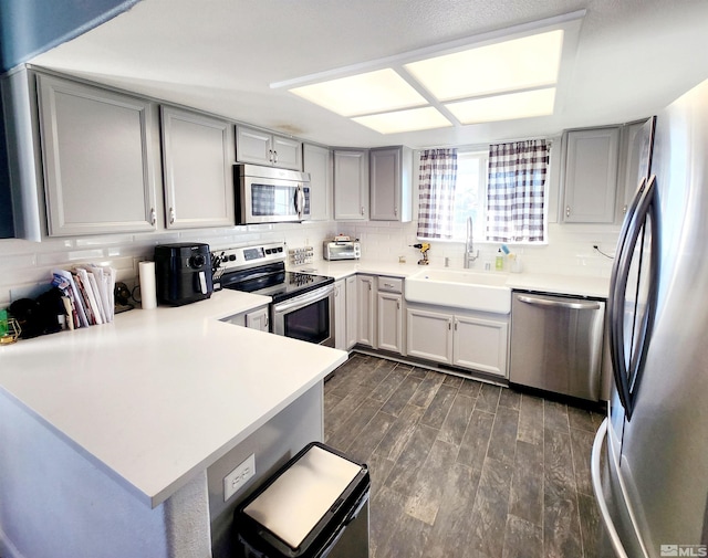 kitchen featuring kitchen peninsula, stainless steel appliances, dark hardwood / wood-style flooring, and sink