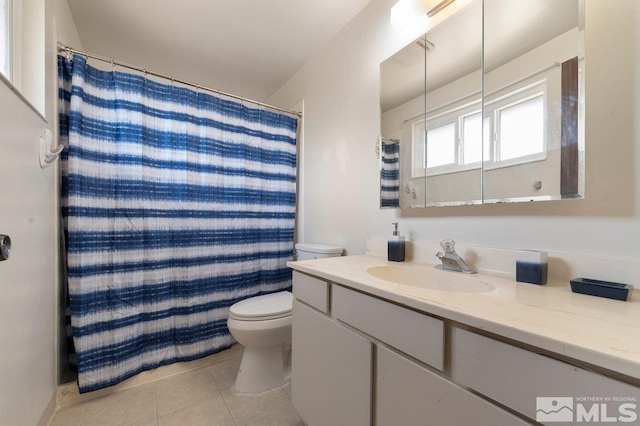 bathroom featuring walk in shower, tile patterned flooring, vanity, and toilet