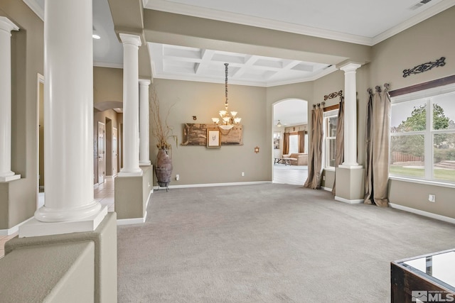 interior space featuring coffered ceiling, ornamental molding, a chandelier, and beamed ceiling