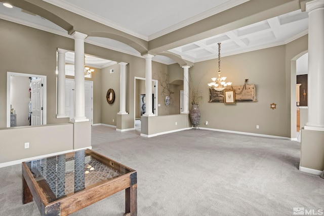 entryway with coffered ceiling, a notable chandelier, crown molding, carpet flooring, and beamed ceiling