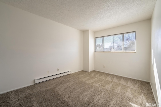 carpeted empty room with a textured ceiling and a baseboard radiator