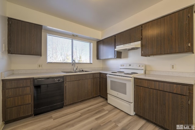 kitchen featuring sink, white electric stove, black dishwasher, light hardwood / wood-style flooring, and dark brown cabinetry