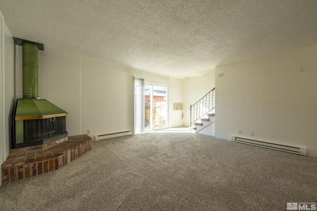 unfurnished living room featuring a textured ceiling, carpet flooring, and a baseboard heating unit