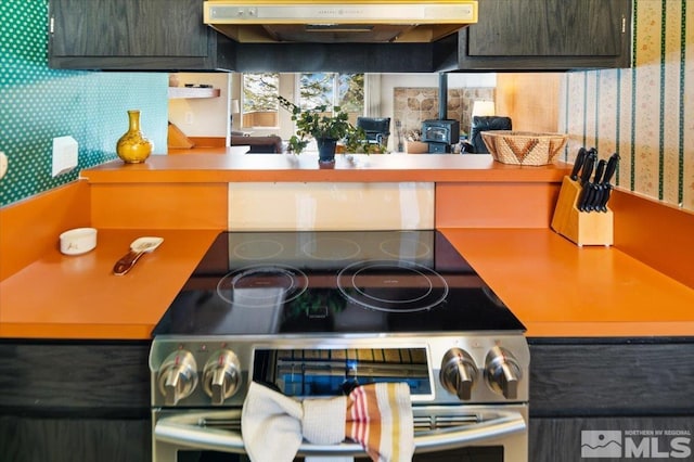 kitchen with backsplash and stainless steel electric range oven