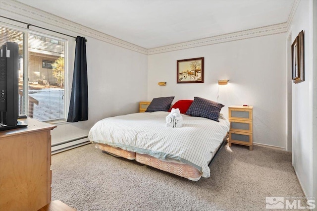 carpeted bedroom featuring a baseboard radiator