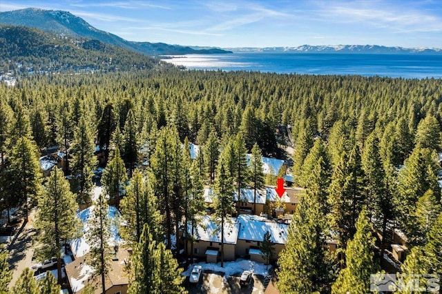 birds eye view of property with a water and mountain view