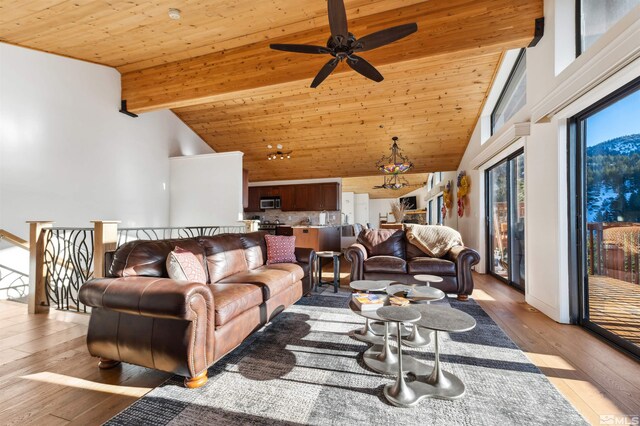 living room featuring high vaulted ceiling, ceiling fan, wood ceiling, and light hardwood / wood-style flooring