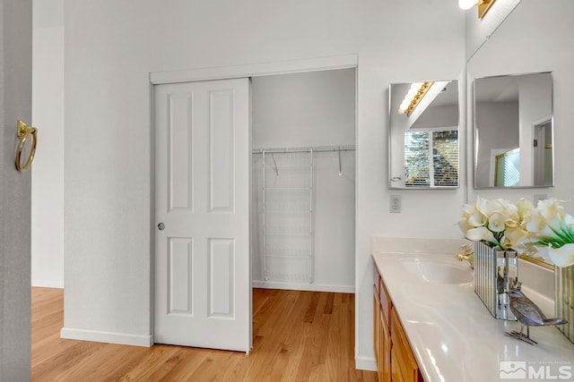 bathroom featuring vanity and hardwood / wood-style flooring