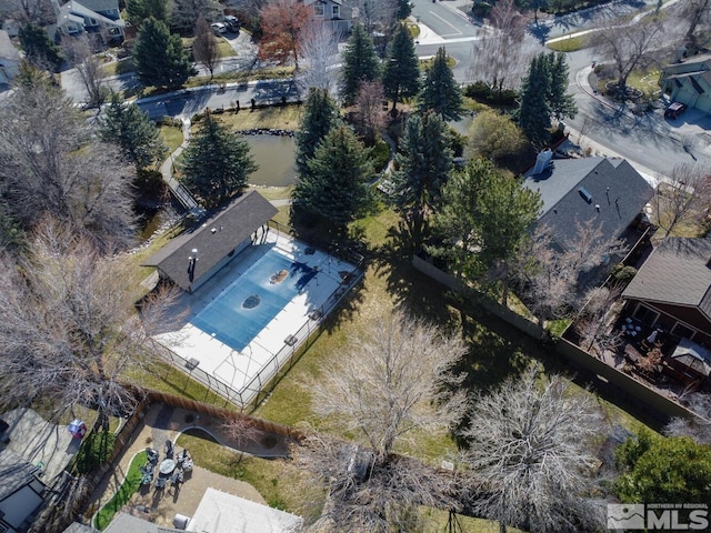 drone / aerial view with a water view