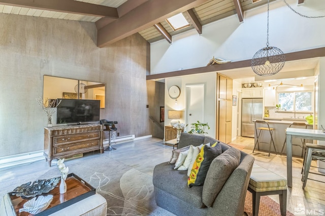 living room with a chandelier, high vaulted ceiling, beam ceiling, a baseboard radiator, and sink