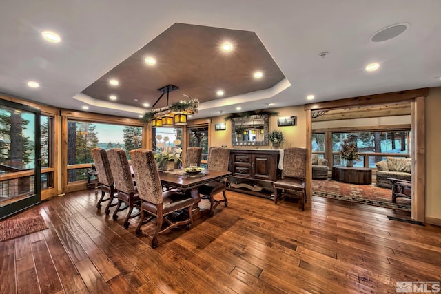 dining space featuring hardwood / wood-style flooring and a raised ceiling