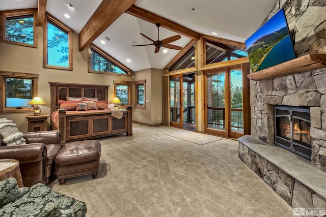 bedroom with light carpet, beamed ceiling, high vaulted ceiling, a fireplace, and access to outside